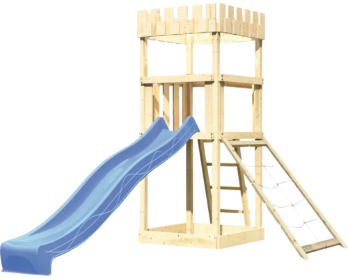 Spielturm aus Holz mit Rutsche, Leiter und Kletternetz für den Garten