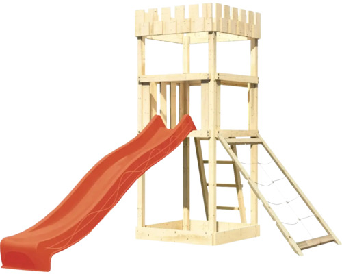 Spielturm aus Holz mit Rutsche, Leiter und Kletternetz für den Garten