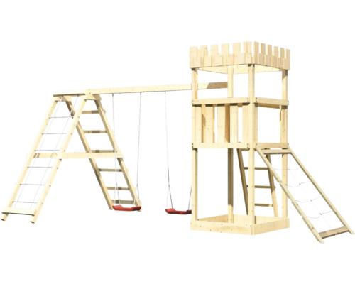Spielturm aus Holz mit Schaukel, Strickleiter und Kletterwand