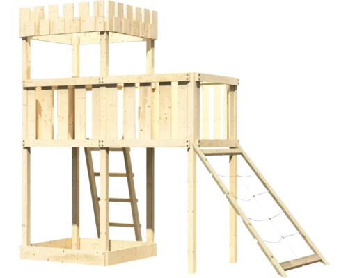 Holzspielturm mit Leiter und Kletternetz für den Außenbereich