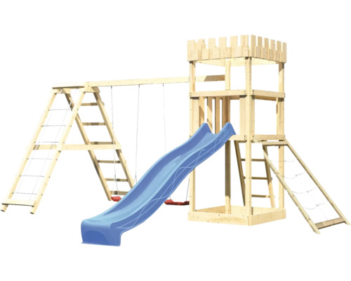 Spielplatz mit Rutsche, Schaukel und Kletterturm aus Holz