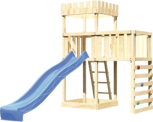 Spielturm mit Rutsche und Kletterwand aus Holz