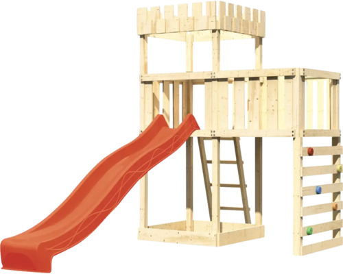 Spielturm mit Rutsche, Leiter und Kletterwand aus Holz