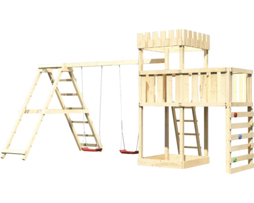 Spielturm mit Schaukel und Kletterwand aus Holz