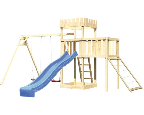Spielturm mit Rutsche, Schaukel und Kletterwand aus Holz