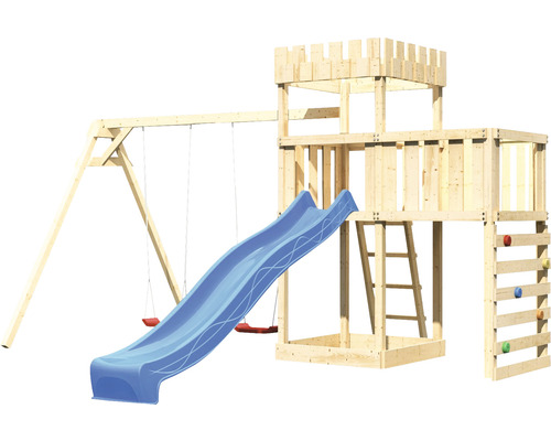 Spielplatz mit Schaukel, Rutsche, Kletterwand und Turm aus Holz
