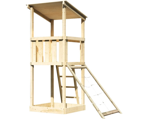 Spielturm aus Holz mit Dach, Leiter und Kletternetz