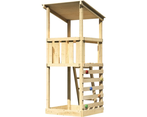 Spielturm aus Holz mit Kletterwand und Dach
