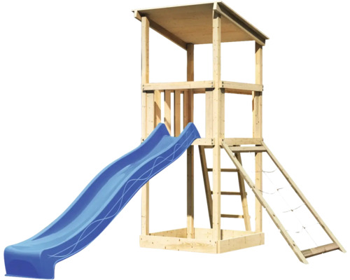 Spielturm aus Holz mit Rutsche, Leiter und Kletternetz
