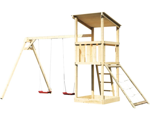 Spielturm aus Holz mit Schaukel und Kletterleiter