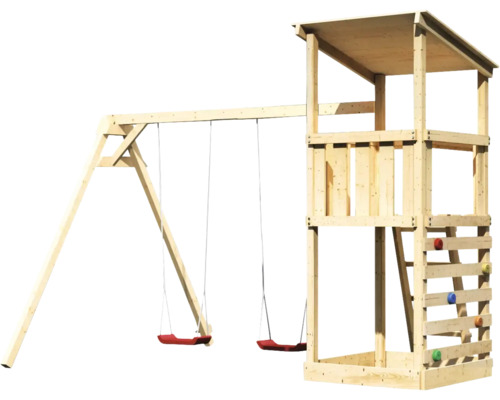 Spielturm mit Schaukel und Kletterwand aus Holz