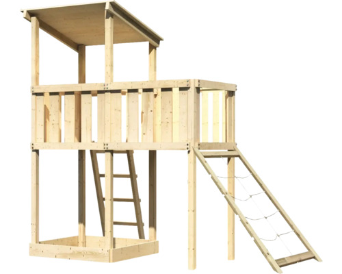 Spielturm aus Holz mit Leiter und Kletternetz