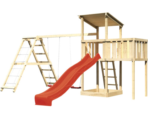 Spielturm aus Holz mit Rutsche, Schaukel und Kletterleiter