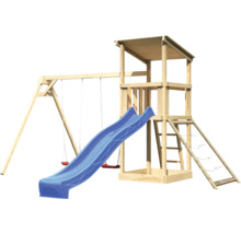 Spielturm Spielhaus Karibu Anna 107 x 107 cm Holz bestehend aus Rutsche, 2 Brettschaukeln, Netzrampe blau