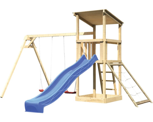 Spielturm aus Holz mit Rutsche, Schaukel und Klettergerüst für den Garten
