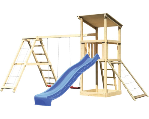 Spielplatz mit Turm, Rutsche, Kletterwand und Schaukel