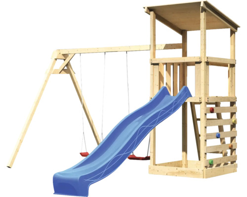 Holzspielturm mit Schaukel, Rutsche und Kletterwand für den Außenbereich