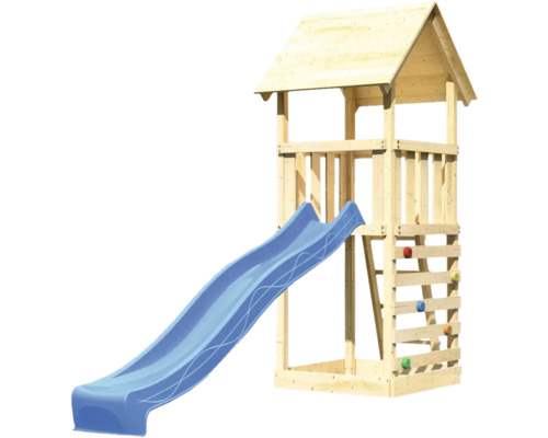 Holzspielturm mit blauer Rutsche für den Garten