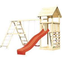 Spielturm aus Holz mit Rutsche, Schaukel und Kletterwand für den Garten