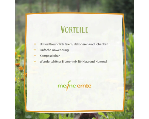 Meine Ernte Vorteile: umweltfreundlich, einfache Anwendung, kompostierbar, wunderschöner Blumenmix für Herz und Hummel.