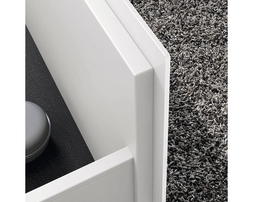 Detailaufnahme eines weißen Badezimmerschranks mit Teppich