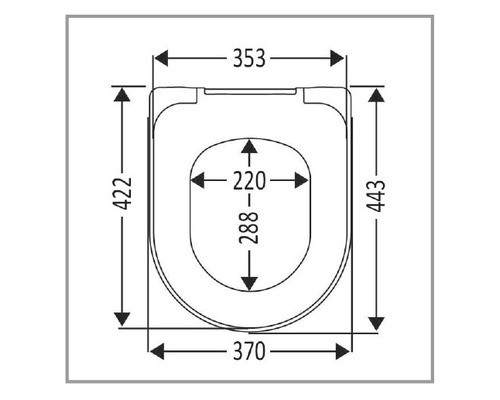 Technische Zeichnung eines Toilettensitzes mit Maßangaben