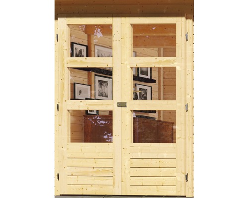 Doppeltür mit Fenstern aus Holz für ein Gartenhaus
