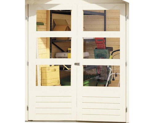 Doppeltür mit Fenstern zum Gartenhaus, Blick ins Innere mit Gartengeräten