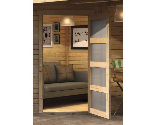 Holzgartenhaus mit Glastür, Sofa und Dekoration