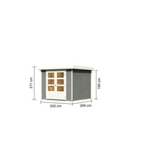 Gartenschrank aus Holz mit den Maßen 211 cm Höhe, 242 cm Breite und 246 cm Tiefe