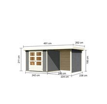 Gartenhaus Karibu Kodiak 3,5 inkl. Anbaudach 2,4 m, Rück- und Seitenwand 491 x 262 cm terragrau