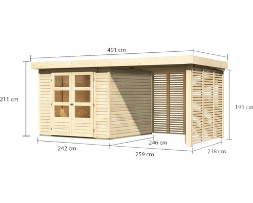 Holzgartenhaus mit Anbau und Maßangaben
