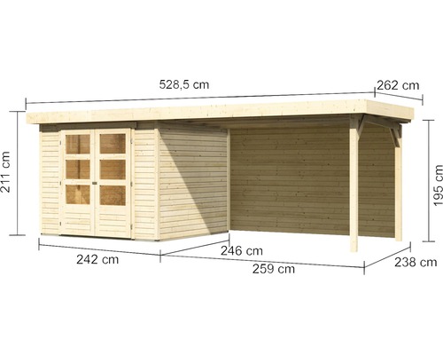 Abbildung eines Gartenhauses mit Anbau und Maßangaben