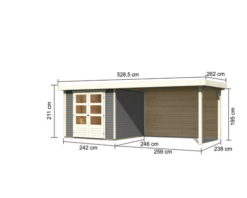 Abmessungen eines Gartenhauses mit Anbau und Doppeltür