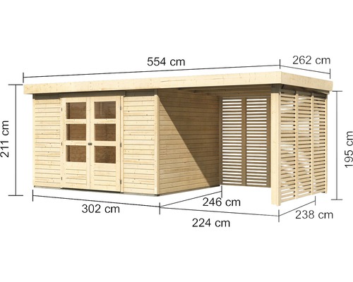 Abmessungen eines Holzgartenhauses mit Doppeltür und überdachter Terrasse.