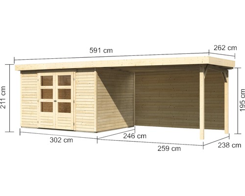 Abmessungen eines Holz Gartenhauses mit Anbau