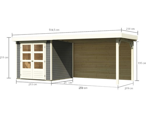 Abbildung eines Gartenhauses mit Abmessungen