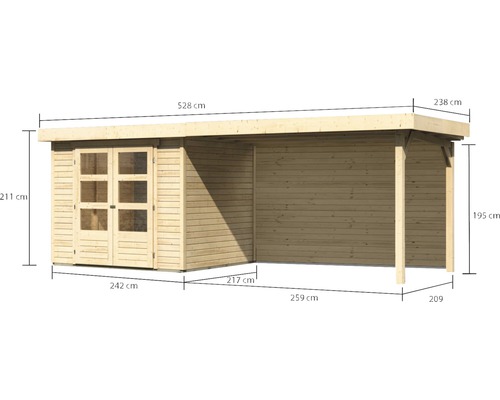 Abmessungen eines Gartenhauses aus Holz mit Vordach