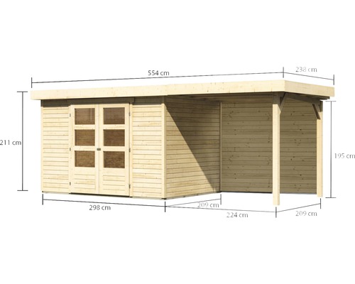 Abmessungen eines Gartenhauses aus Holz mit Doppeltür und Überdachung