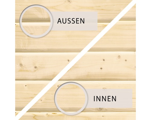 Holzwand mit Darstellung von Außen- und Innenbereich