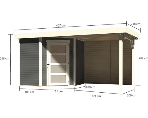 Abmessungen von Gartenhaus mit Anbau