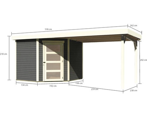 Abmessungen eines Gartenhauses mit Anbau