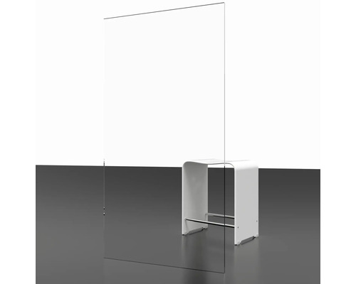 Schutzwand aus Acrylglas mit weißem Hocker