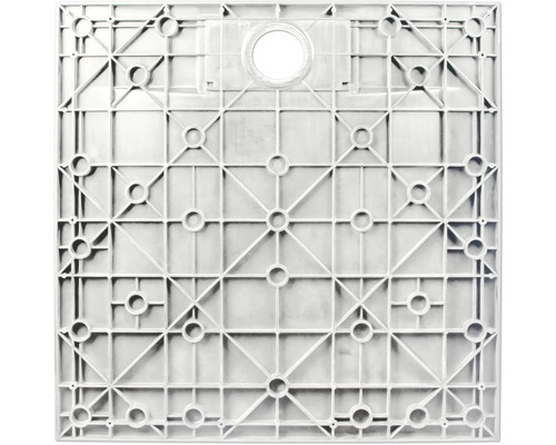 Detailansicht einer Duschwanne mit quadratischem Design und mittigem Abfluss