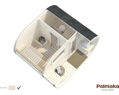 Innenansicht einer Holzsauna mit Sitzbereich, Steinen, Dusche und Waschbecken