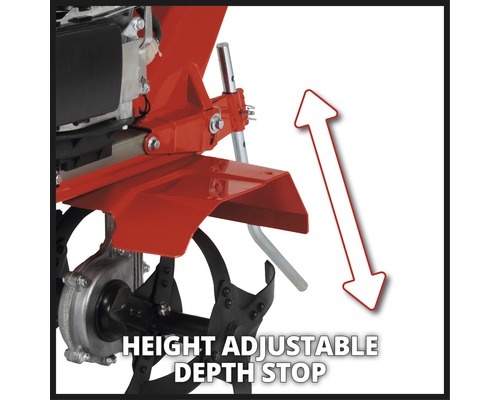 Detailansicht einer Motorhacke mit Tiefenanschlag und Höhenverstellung