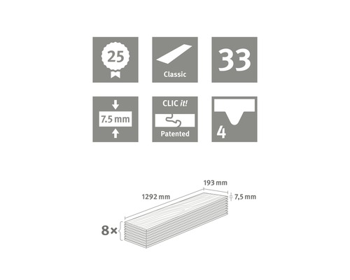 Vinylboden Calora grau Landhausdiele Klickverbindung 1292 x 193 x 7,5 mm