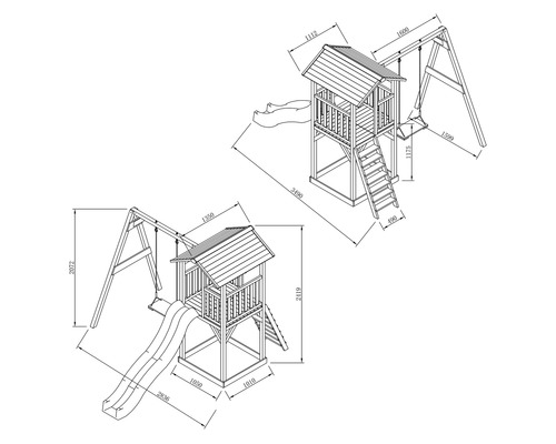 Technische Zeichnung eines Spielturms mit Schaukel und Rutsche mit Maßangaben.