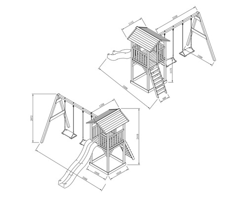 Technische Zeichnung eines Spielplatzes mit Turm, Schaukel und Rutsche mit Maßangaben