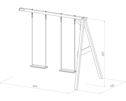 Illustration einer Holzschaukel mit Maßen